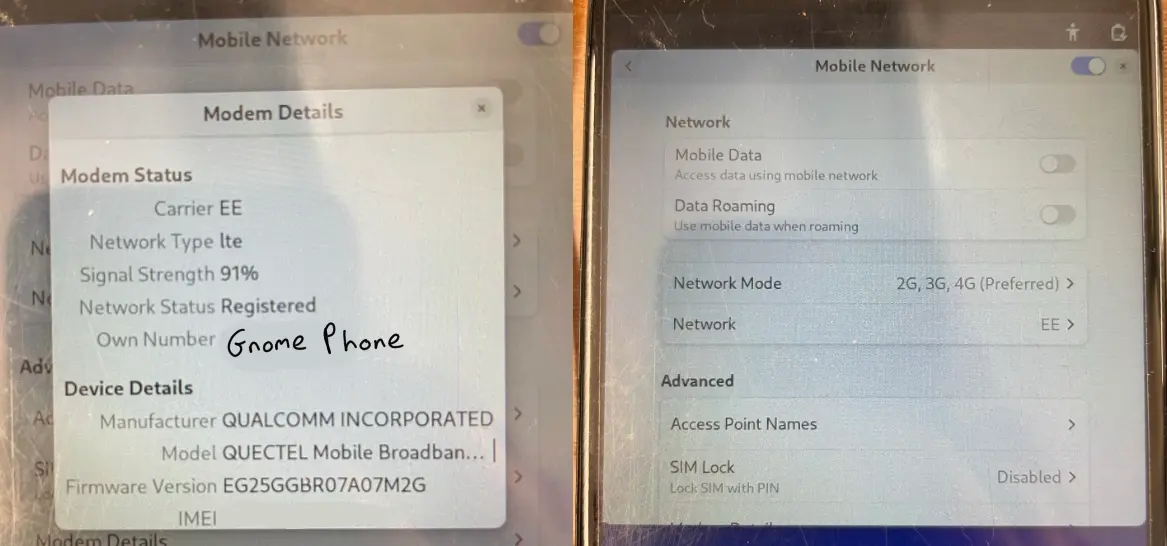 PinePhone running GNOME OS and evidencing modem